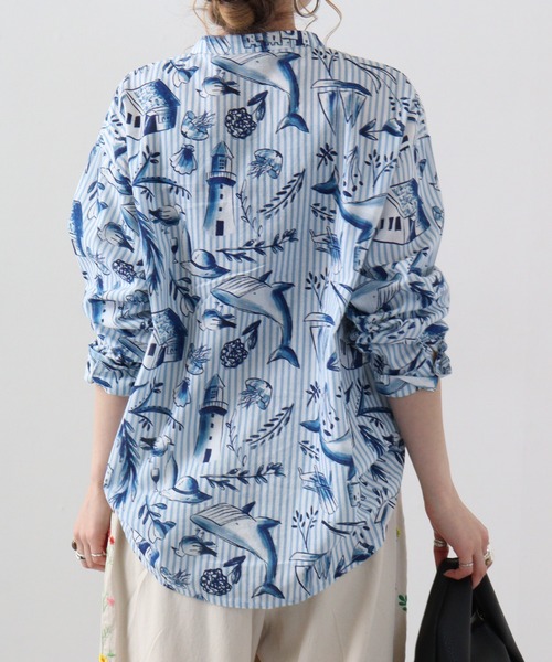 ブラウス シャツ EMAGO 夏の海水彩総柄シャツ レディース Emago ブラウス シャツ EMAGO 夏の海水彩総柄シャツ レディース