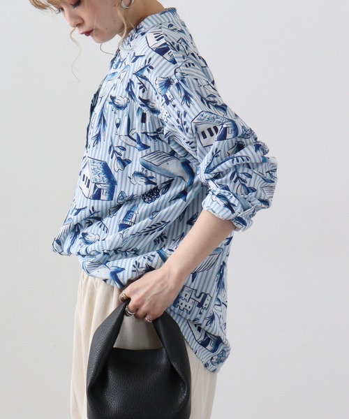 ブラウス シャツ EMAGO 夏の海水彩総柄シャツ レディース Emago ブラウス シャツ EMAGO 夏の海水彩総柄シャツ レディース