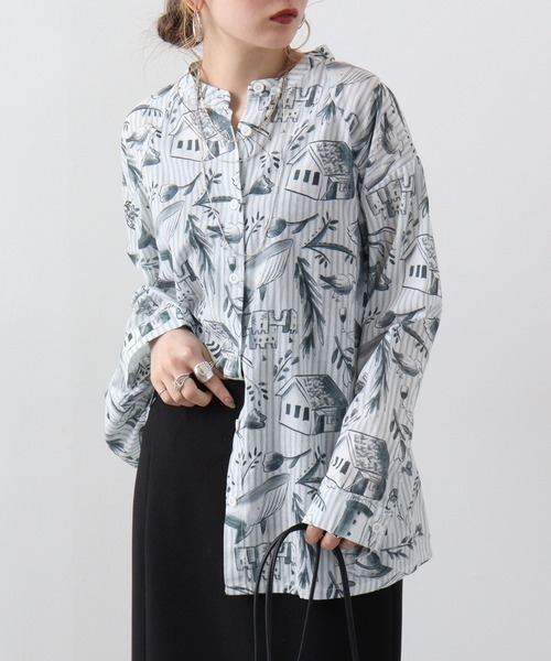 ブラウス シャツ EMAGO 夏の海水彩総柄シャツ レディース Emago ブラウス シャツ EMAGO 夏の海水彩総柄シャツ レディース