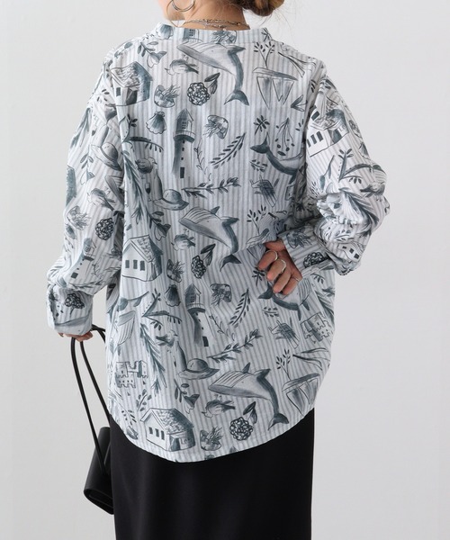 夏の海水彩総柄シャツ emago レディース トップス 長袖 薄手 大人の 北欧 ストライプ かわいい EMAGO 夏の海水彩総柄シャツ（シャツ/ブラウス）｜Emago（イマゴ