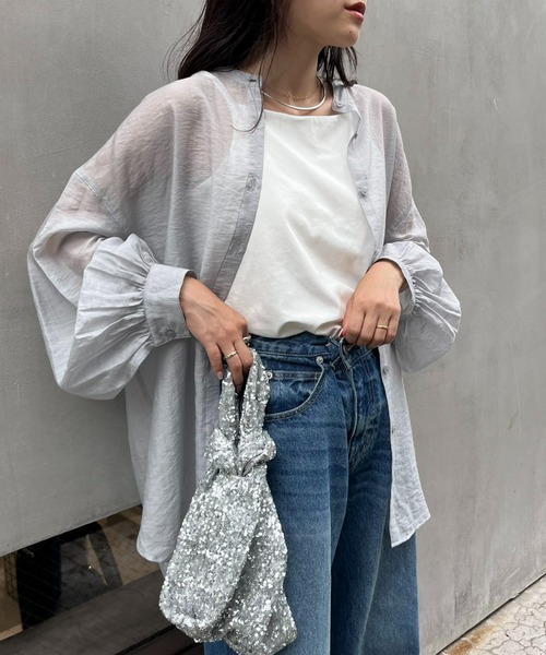 CIAOPANIC TYPY(チャオパニックティピー)の「【冷房対策/体型カバー】シアーバンドカラーシャツ(シャツ/ブラウス・レディース・ブラウン/ホワイト/ピンク/グリーン/グレー/ブラック/サックスブルー/パープル・ONE SIZE)」の3枚目の写真