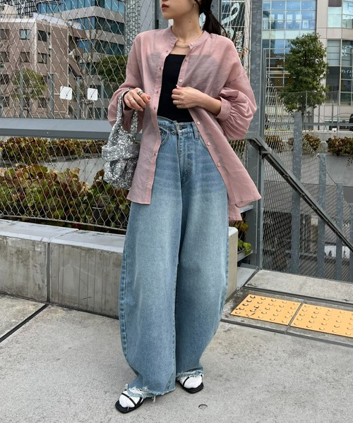 CIAOPANIC TYPY（チャオパニックティピー）の「【冷房対策/体型カバー】シアーバンドカラーシャツ（シャツ/ブラウス・レディース・ブラウン/ホワイト/ピンク/グリーン/グレー/ブラック/サックスブルー/パープル/イエロー/ベビーピンク・ONE SIZE）」の13枚目の写真