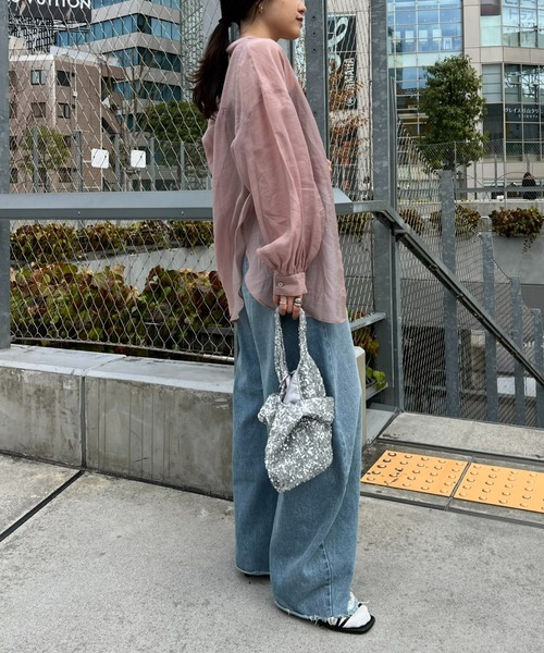 CIAOPANIC TYPY(チャオパニックティピー)の「【冷房対策/体型カバー】シアーバンドカラーシャツ(シャツ/ブラウス・レディース・ブラウン/ホワイト/ピンク/グリーン/グレー/ブラック/サックスブルー/パープル・ONE SIZE)」の21枚目の写真