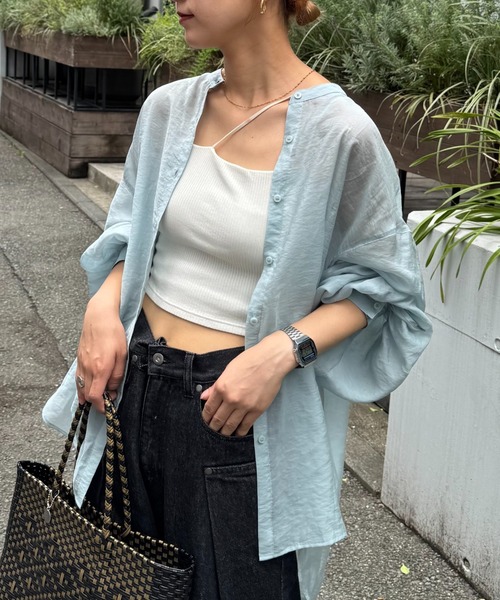 冷房対策/体型カバー】シアーバンドカラーシャツ（シャツ/ブラウス