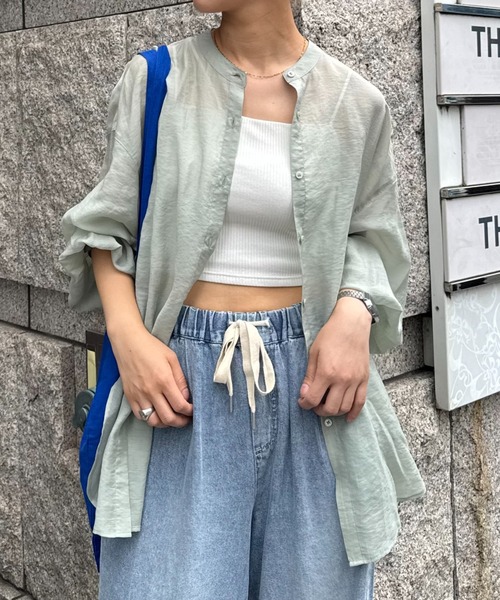 冷房対策/体型カバー】シアーバンドカラーシャツ（シャツ/ブラウス