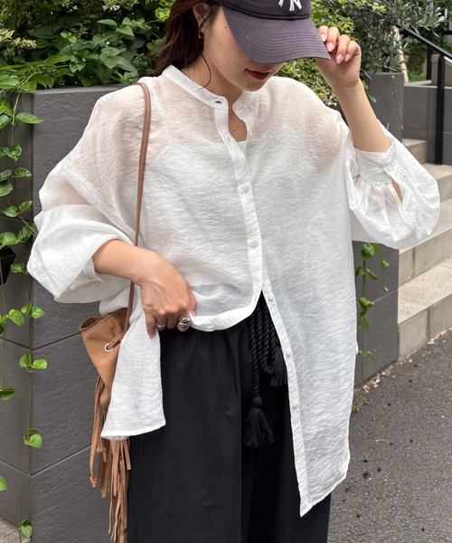 冷房対策/体型カバー】シアーバンドカラーシャツ（シャツ/ブラウス