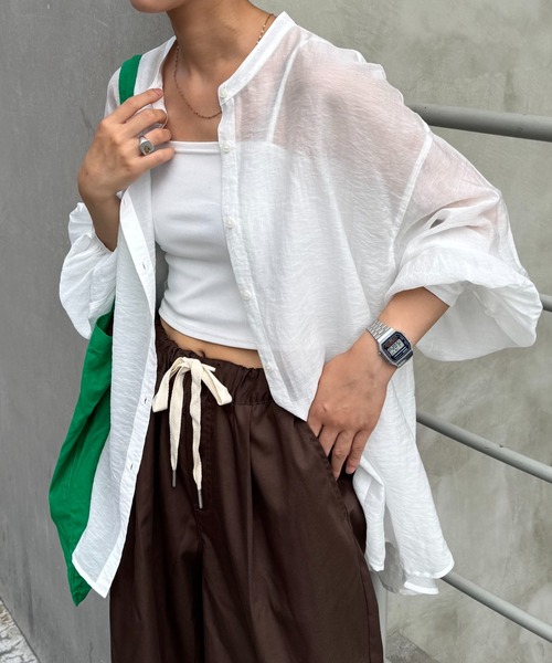 冷房対策/体型カバー】シアーバンドカラーシャツ（シャツ/ブラウス