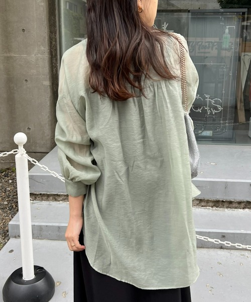 冷房対策/体型カバー】シアーバンドカラーシャツ（シャツ/ブラウス