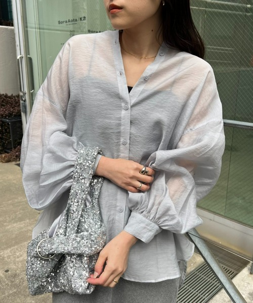 CIAOPANIC TYPY(チャオパニックティピー)の「【冷房対策/体型カバー】シアーバンドカラーシャツ(シャツ/ブラウス・レディース・ブラウン/ホワイト/ピンク/グリーン/グレー/ブラック/サックスブルー/パープル・ONE SIZE)」の12枚目の写真