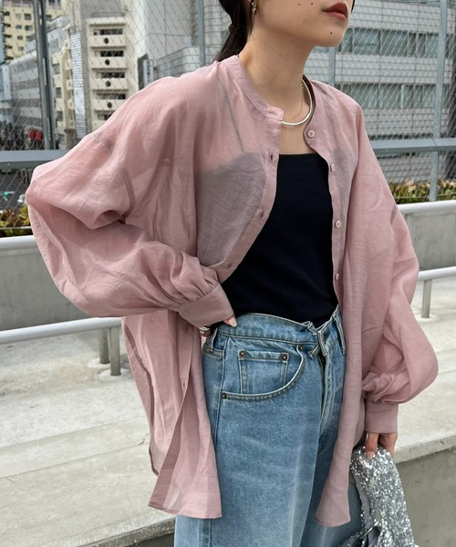 CIAOPANIC TYPY(チャオパニックティピー)の「【冷房対策/体型カバー】シアーバンドカラーシャツ(シャツ/ブラウス・レディース・ブラウン/ホワイト/ピンク/グリーン/グレー/ブラック/サックスブルー/パープル・ONE SIZE)」の19枚目の写真