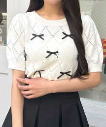 透かしリボン5分袖ニット