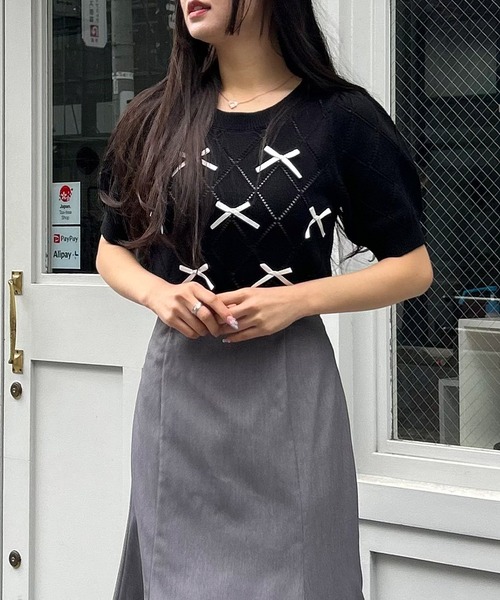 INGNI(イング)の「透かしリボン5分袖ニット(ニット/セーター・レディース・ピンク/ブラック×ホワイト/ホワイト×ブラック/ブルー系・M)」の14枚目の写真