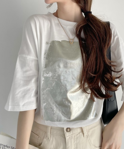 tシャツ 「EF(エフ)」グラフィックプリントシアービッグT（WOMEN） レディース n'OrLABELグラフィック箔プリントロゴTシャツ[品番：MITW0017348