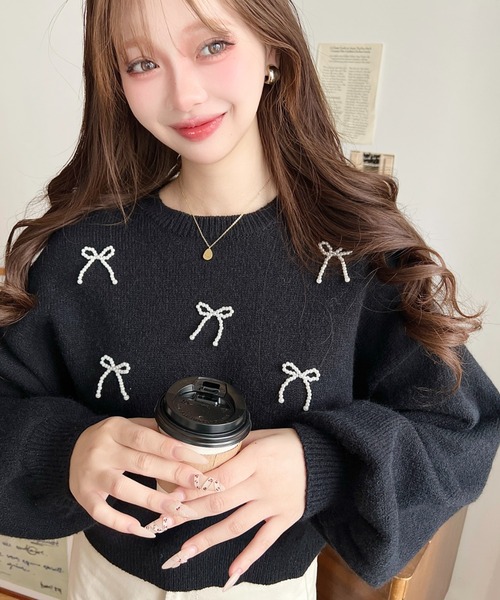 セール】パールリボンパーツ付きショート丈もちもちニットプルオーバー