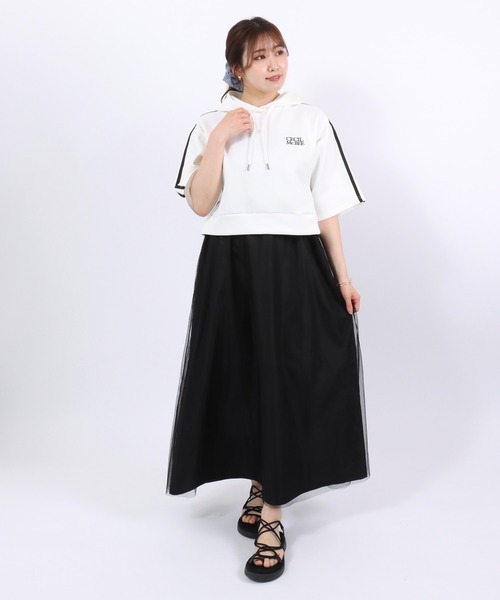 CECIL McBEE(セシルマクビー)の「CECIL McBEE(セシルマクビー)ワンポイントロゴ サイドライン半袖パーカー レディース/プルオーバートップス/フーディー(パーカー・レディース・ブラック/オフホワイト・L/M)」の20枚目の写真