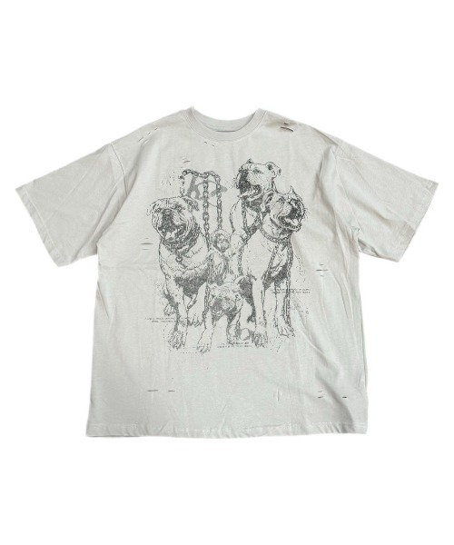 Chikashitsu +(チカシツプラス)の「ストリートファッション Chikashitsu + チカシツプラス dog graphic damage t-shirt 犬ロゴ ドッグTシャツ ダメージTシャツ プリントTシャツ グラフィックTシャツ 半袖トップス 半袖Tシャツ オーバーサイズ 韓国ファッション 韓国ストリート(Tシャツ/カットソー・メンズ・ベージュ/レッド・ONE SIZE)」の17枚目の写真