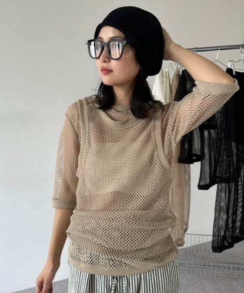 HANNE メッシュパンツ メッシュハーフスリーブTEE メッシュタンク　アン メッシュハーフスリーブTEE（Tシャツ/カットソー）｜HANNE（アン