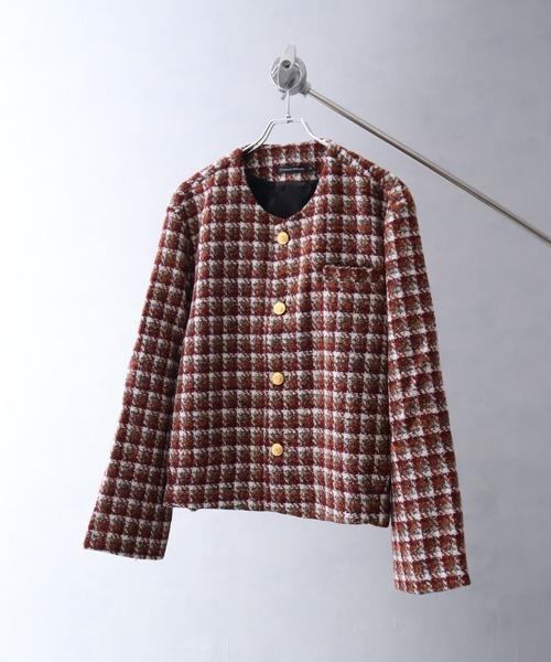 ノーカラーゴールドボタンショート丈ツイードジャケット（ノー