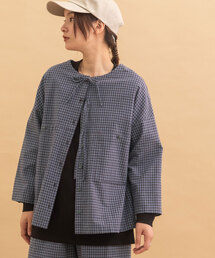ノーカラーチェックブラウス 肩パット入り 日本製フォロー割 ノーカラーチェックブラウス 肩パット入り 日本製フォロー割