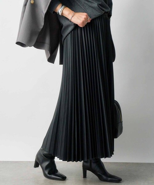 【新品】モニーレ ウォッシャブル エコレザースカート プリーツ ウエストゴム 黒 新品】モニーレ ウォッシャブル エコレザースカート プリーツ ウエスト