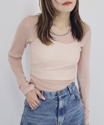 Reurie' | 【HIT ITEM!】Uネックシアーカットソー 長袖 クルーネック 透け感 インナー シンプル カジュアル レディライク 韓国 Y2K チャコール グレー ピンク ホワイト 白(Tシャツ/カットソー)