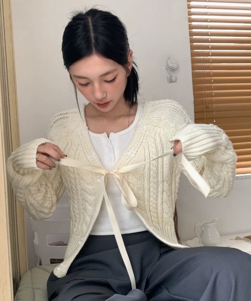 セール】リボンケーブルニットカーディガン（カーディガン/ボレロ