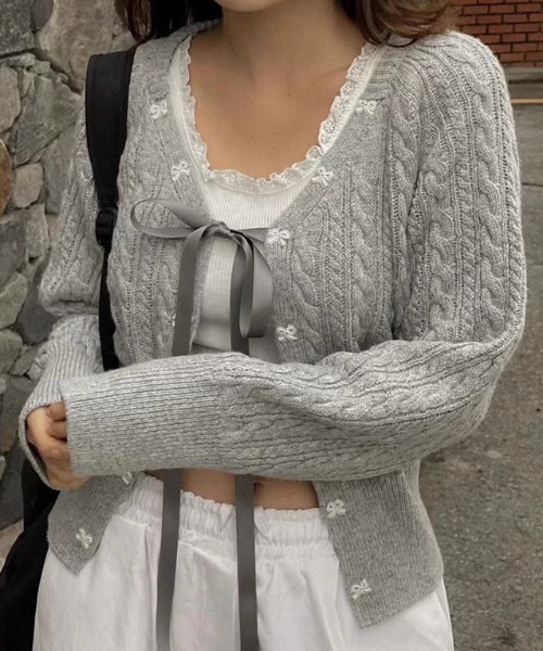 セール】リボンケーブルニットカーディガン（カーディガン/ボレロ