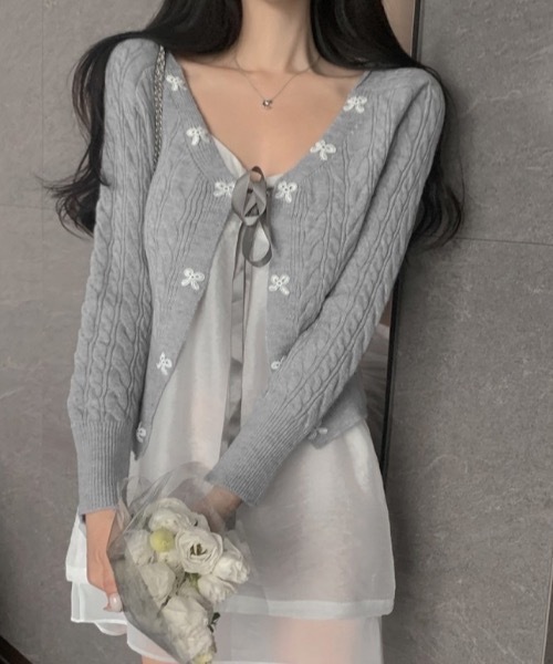 セール】リボンケーブルニットカーディガン（カーディガン/ボレロ