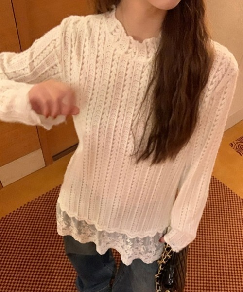 gossip!ロサンゼルス(ゴシップロサンゼルス)の「Y2Kレースフリル長袖トップス カジュアル&ヴィンテージ風 日常&シンプル 外出&重ねアイテム(シャツ/ブラウス・レディース・ホワイト・FREE)」の8枚目の写真