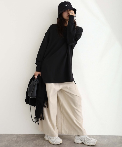 ElegChic（エレグシック）の「ハイネックオーバーサイズトップス（Tシャツ/カットソー・レディース・ライトカーキ/杢グレー/ブラック・M/XL/4L）」の6枚目の写真