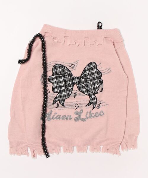 HOOK(フック)の「【HOOK】for girls オフショルダーリボン刺繍ニット(ニット/セーター・レディース・ピンク/ホワイト/ブラック・MEDIUM/SMALL)」の4枚目の写真