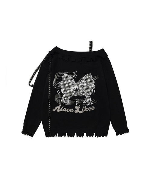 ニット セーター 「HOOK」for　girls オフショルダーリボン刺繍ニット レディース セール】【HOOK】for girls オフショルダーリボン刺繍ニット