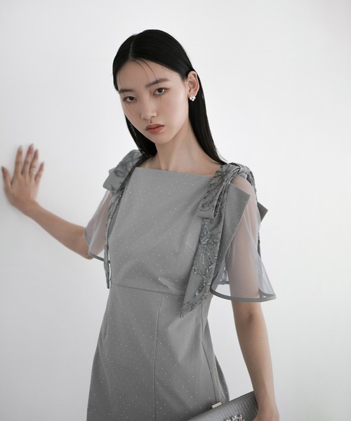 美品 2WAY 花柄リボン ドットストーン Iライン ワンピース ドレス 黒 S Leja｜LEJA-2WAY花柄リボンドットストーンIラインワンピース
