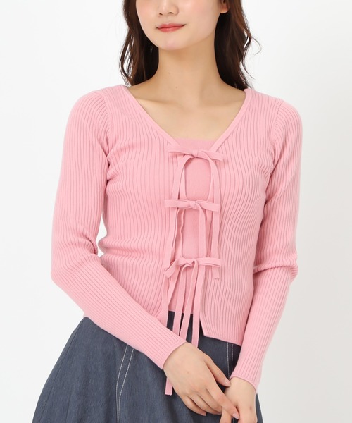 MISCH MASCH(ミッシュマッシュ)の「リボン2wayリブニット(ニット/セーター・レディース・ホワイト/ピンク/グリーン/ネイビー・フリ-)」の4枚目の写真