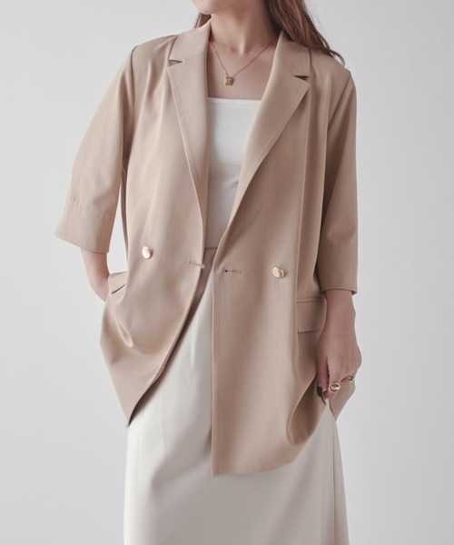 Lui's（ルイス）の「ハーフスリーブダブルジャケット（テーラードジャケット・レディース・ベージュ/チャコールグレー・FREE）」の3枚目の写真