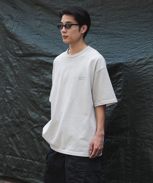 Tシャツ・カットソー IONSEOUL Pigment stripe half collar T-shits JE1278 受注制【Chikashitsu +】pigment cross print t-shirt (2color