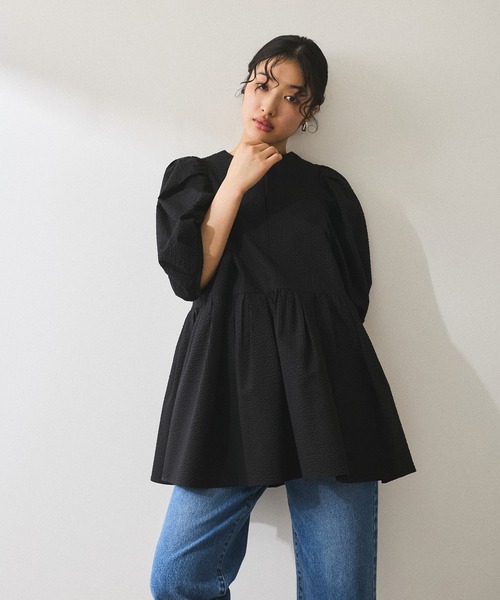 まつ子。様アダムエロペ　水色 ノーカラージャケット バルーンスリーブ まつ子。様アダムエロペ 水色 ノーカラージャケット バルーン