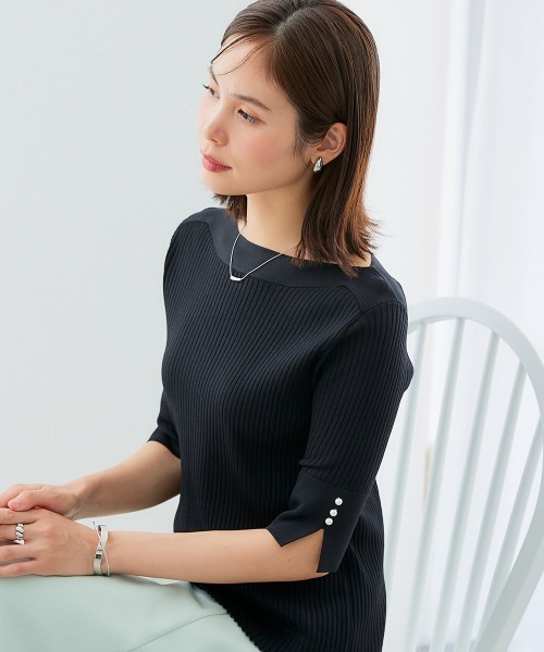 ひんやり接触冷感】パール調スリーブポートネックリブニット(UV