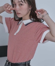 ボーダーポロニットトップス