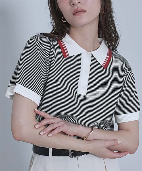 miette（ミエット）の「ボーダーポロニットトップス（ポロシャツ・レディース・ブラック/オフホワイト/レッド・FREE）」の2枚目の写真