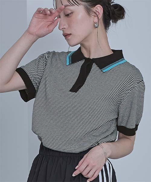 miette（ミエット）の「ボーダーポロニットトップス（ポロシャツ・レディース・ブラック/オフホワイト/レッド・FREE）」の3枚目の写真