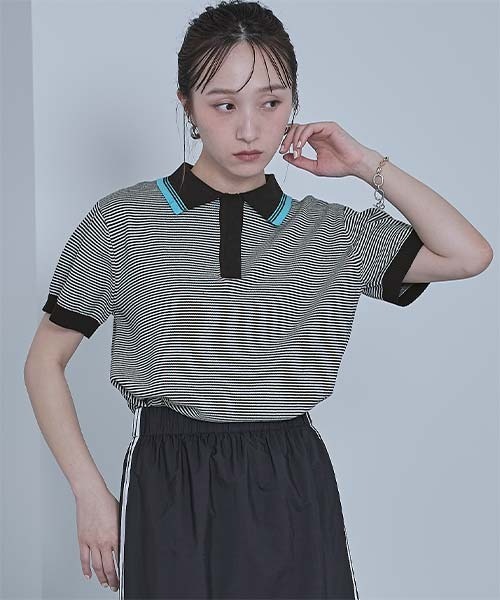 miette（ミエット）の「ボーダーポロニットトップス（ポロシャツ・レディース・ブラック/オフホワイト/レッド・FREE）」の13枚目の写真