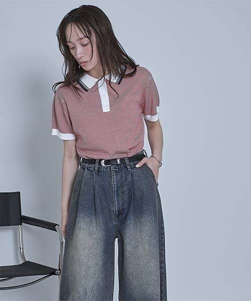 miette（ミエット）の「ボーダーポロニットトップス（ポロシャツ・レディース・ブラック/オフホワイト/レッド・FREE）」の20枚目の写真