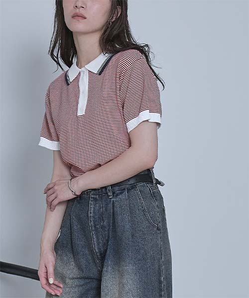 miette（ミエット）の「ボーダーポロニットトップス（ポロシャツ・レディース・ブラック/オフホワイト/レッド・FREE）」の22枚目の写真