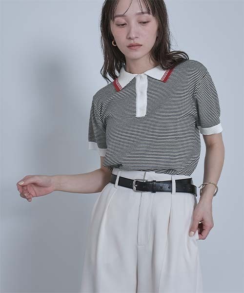 miette（ミエット）の「ボーダーポロニットトップス（ポロシャツ・レディース・ブラック/オフホワイト/レッド・FREE）」の4枚目の写真