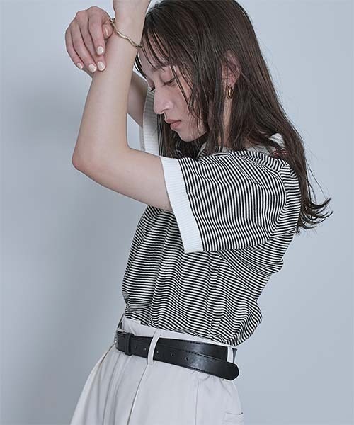 miette（ミエット）の「ボーダーポロニットトップス（ポロシャツ・レディース・ブラック/オフホワイト/レッド・FREE）」の5枚目の写真