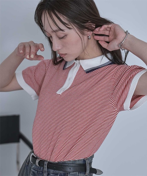 セール】ボーダーポロニットトップス（ポロシャツ）｜miette