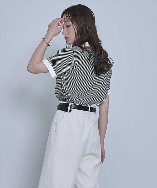 miette（ミエット）の「ボーダーポロニットトップス（ポロシャツ・レディース・ブラック/オフホワイト/レッド・FREE）」の9枚目の写真
