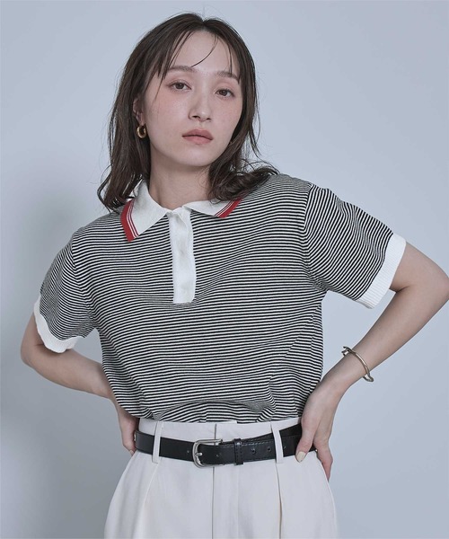 miette（ミエット）の「ボーダーポロニットトップス（ポロシャツ・レディース・ブラック/オフホワイト/レッド・FREE）」の10枚目の写真