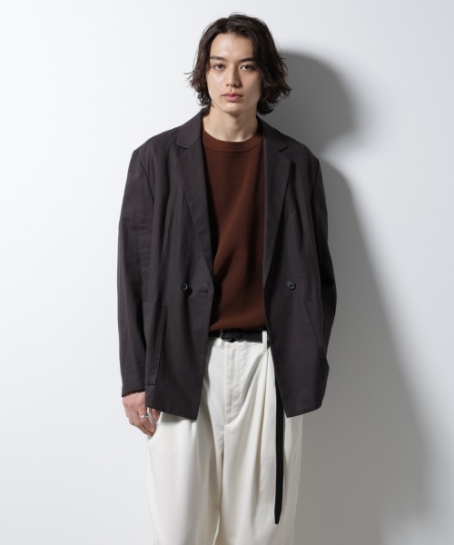 希少 ANACHRONORM 麻 ジャケット セットアップ　ダブル カバーオール 夏向け】麻調グレー ノーカラージャケット セットアップ着用可